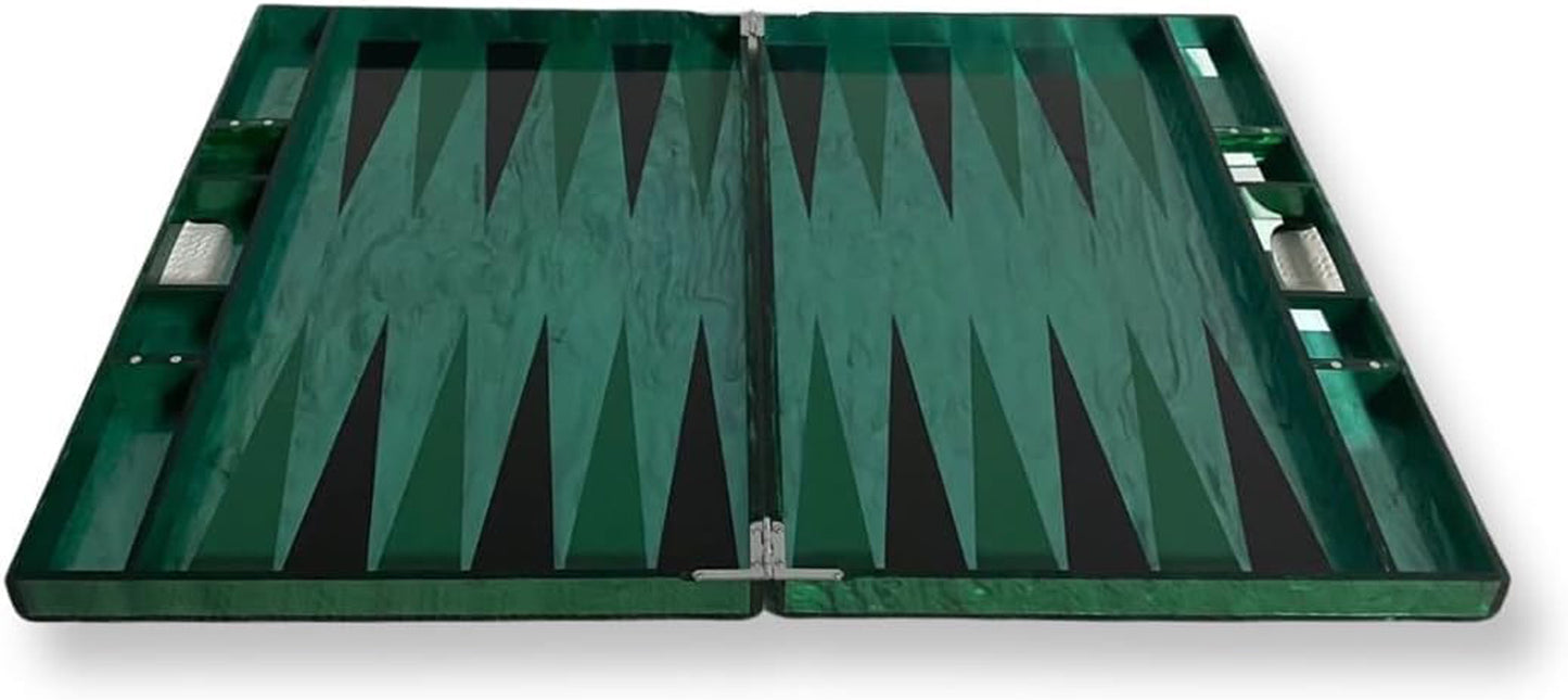LG BACKGAMMON - MAGNETS, GRN MARB,, BLK/GRN TRI, BLK/CREAM CHIPS / Lucite Acrylic Backgammon Set