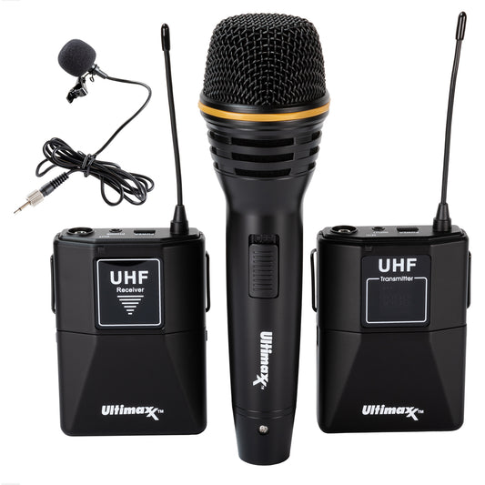 Ultimaxx Wireless Microphone Kit w/ Lavalier Mic, Cables, Carry Case, Handheld Mic