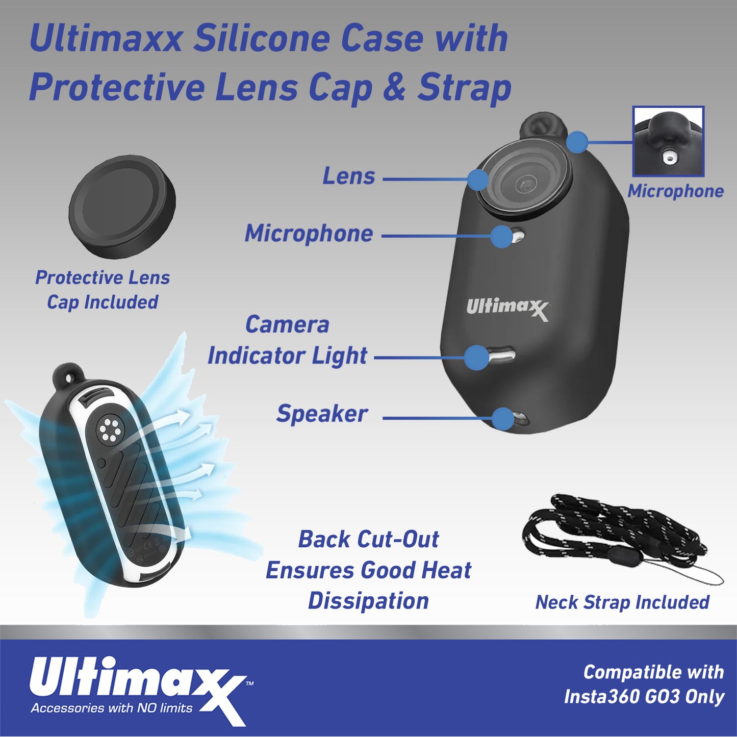 Ultimaxx Protective Silicone Cover with Lens Cap & Strap for GO3 - Black