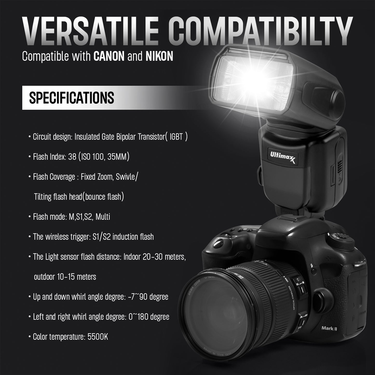Ultimaxx Auto Flash w/ LCD Display, Slave Mode, Carry Pouch