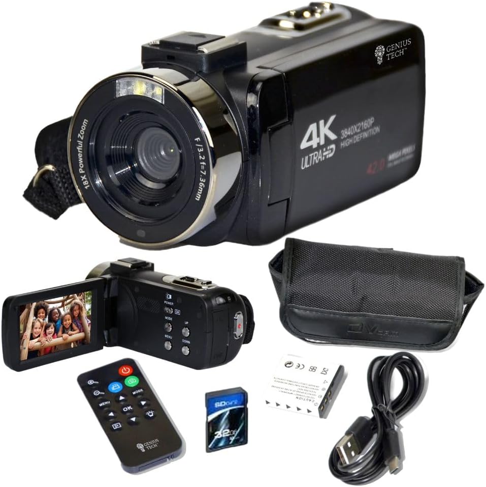 GeniusTech Digital Video Camera, 42MP w/ 32GB SD Card, Remote, Case, USB Cable