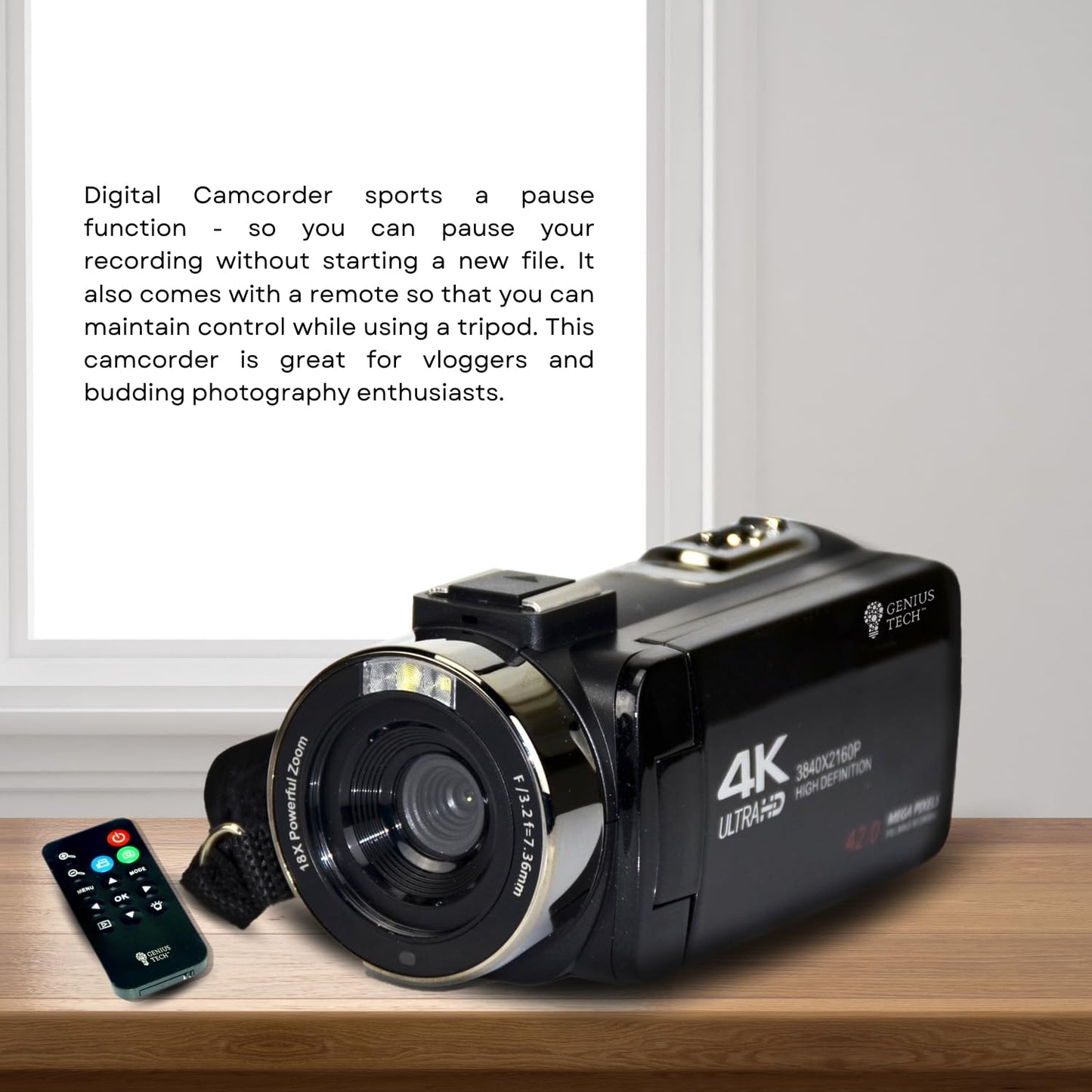 GeniusTech Digital Video Camera, 42MP w/ 32GB SD Card, Remote, Case, USB Cable