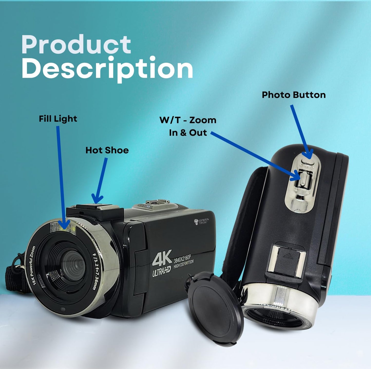 GeniusTech Digital Video Camera, 42MP w/ 32GB SD Card, Remote, Case, USB Cable