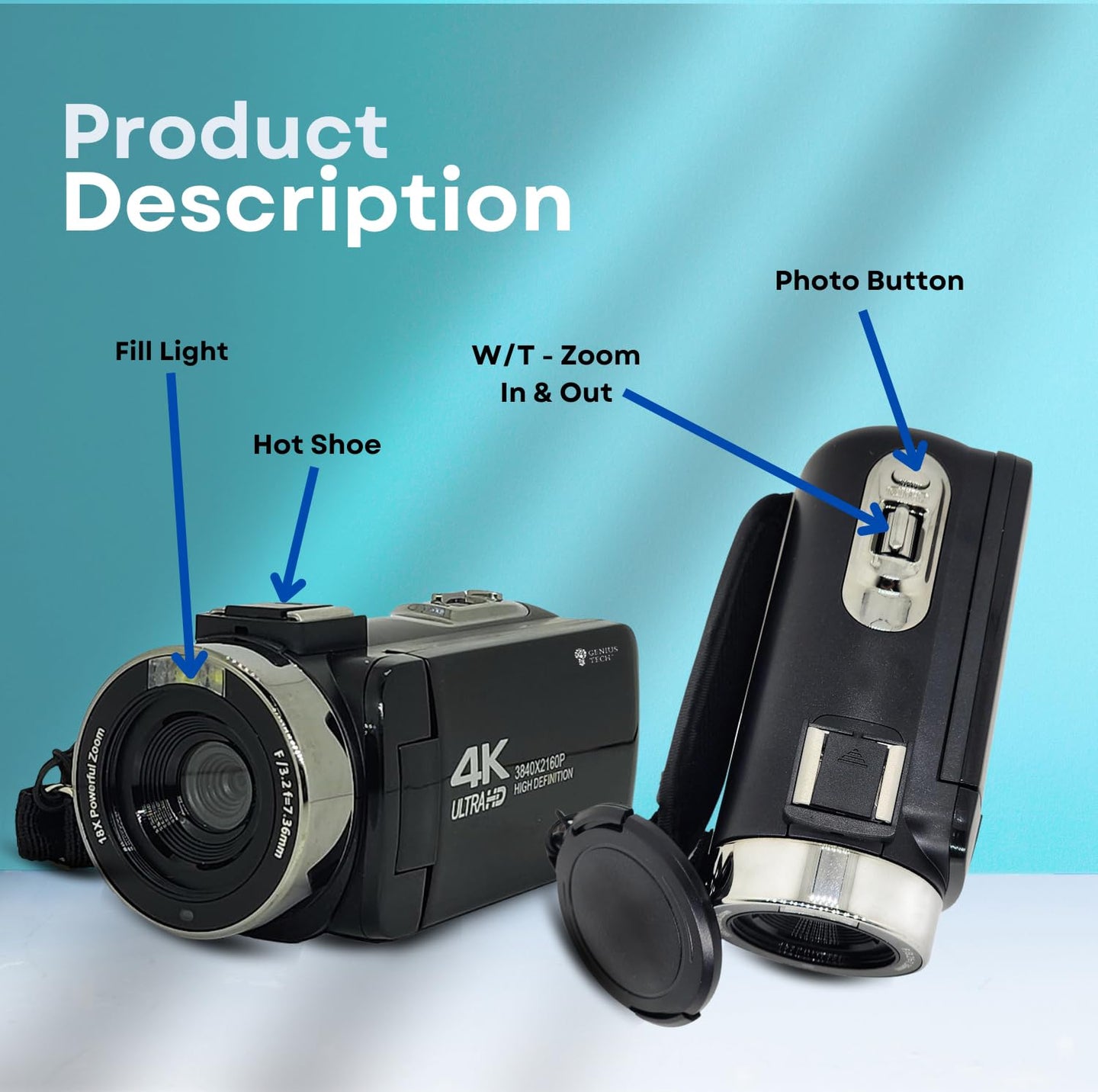 GeniusTech Digital Video Camera, 42MP w/ 32GB SD Card, Remote, Case, USB Cable