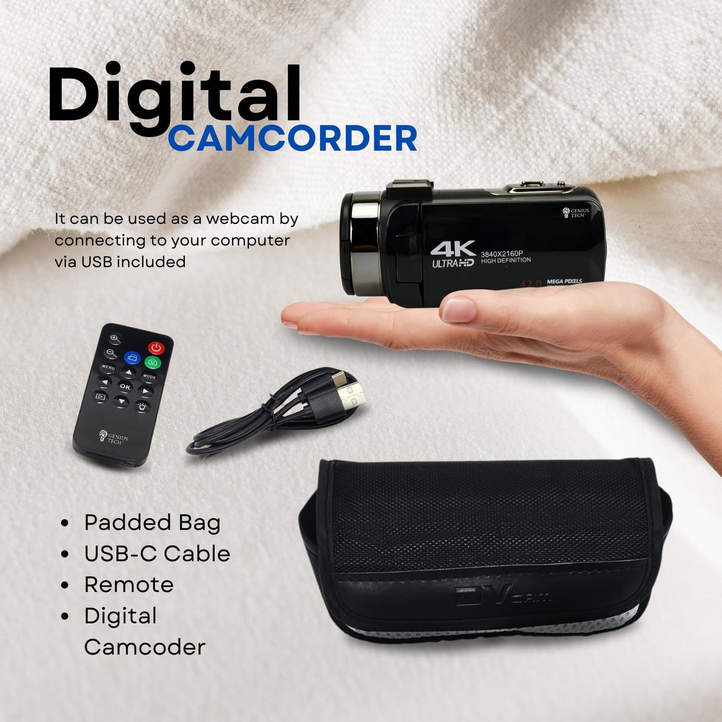 GeniusTech Digital Video Camera, 42MP w/ 32GB SD Card, Remote, Case, USB Cable