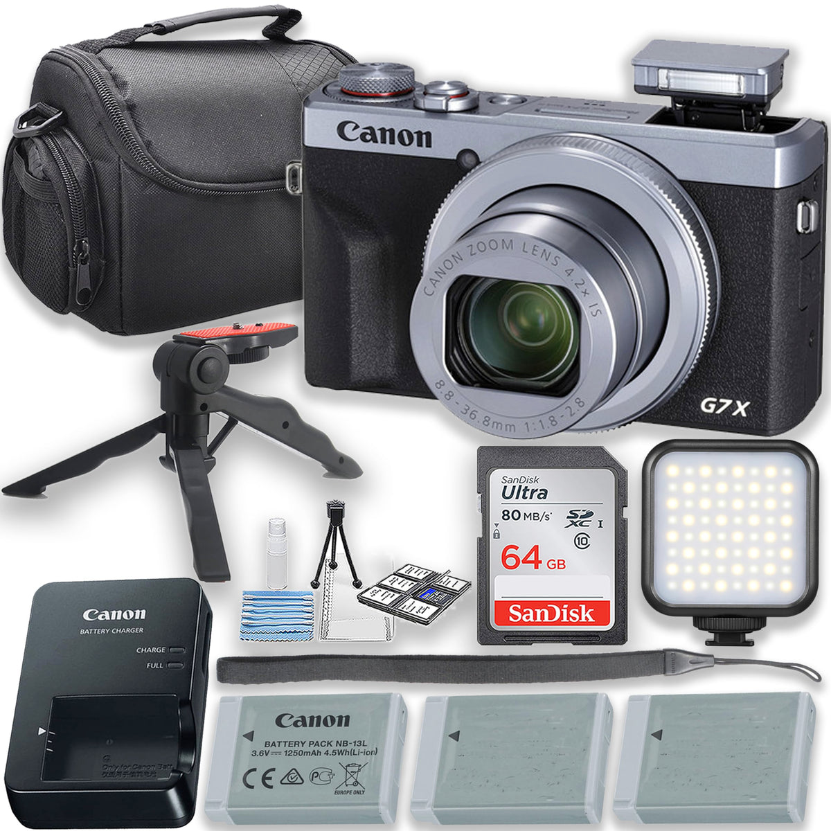 Canon PowerShot G7 X Mark III Silver Creator Bundle with LED Light & Accessories
