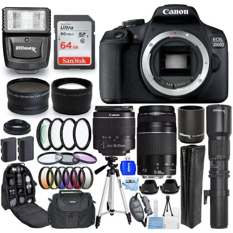 Canon EOS 2000D / Rebel T7 + 18-55mm IS II + 75-300mm III + 500mm/1000mm Bundle