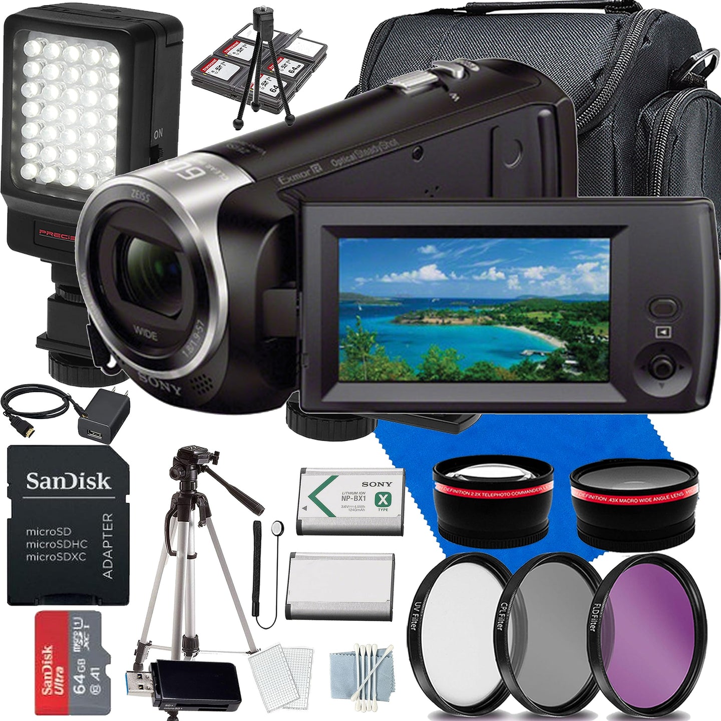 Sony Handycam HDR-CX405 Bundle – 13-Piece Pro Content Creator Kit with 64GB Card, Wide Angle & Telephoto Lenses, LED Light, and Tripod