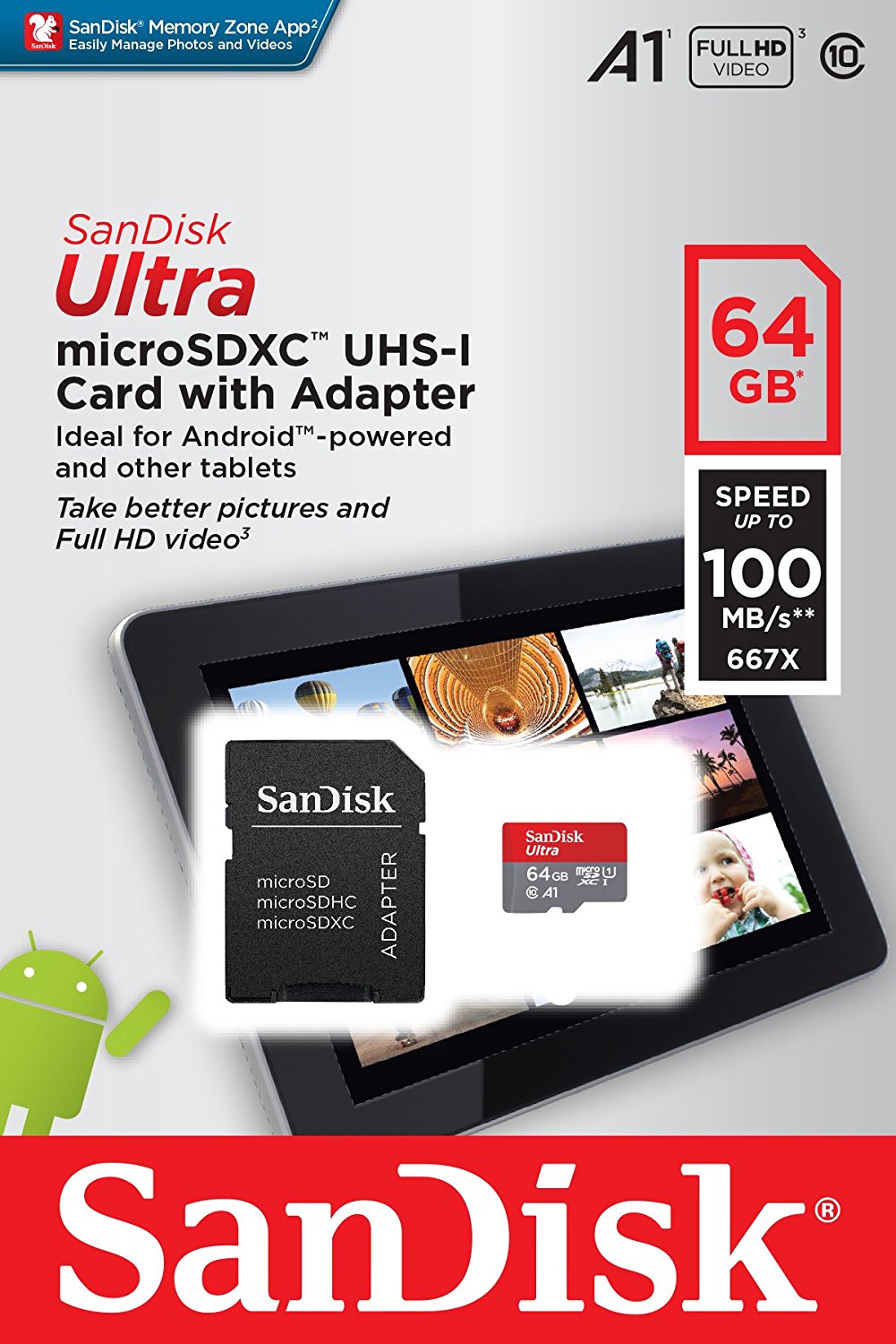 Sandisk Ultra 64GB Micro SDXC UHS-I Card with Adapter - 100MB/s U1 A1 - SDSQUAR-064G-GN6MA