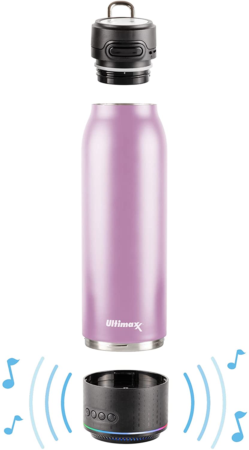 Vacuum Insulated Premium Water Bottle with Rechargeable Bluetooth Speaker - Steel Double Wall Design + Lights - PINK