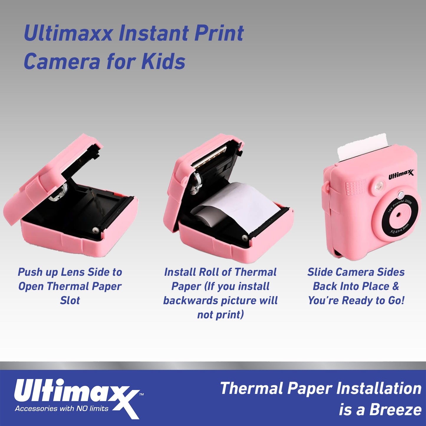 Ultimaxx Kids Digital Camera w/ 32GB Micro SD Card, 3 Rolls Paper - Pink