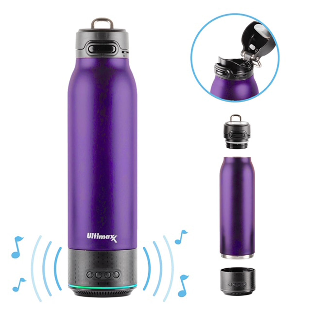 Ultimaxx Vacuum Insulated Premium Water Bottle w/Rechargeable Bluetooth Speaker - Steel Double Wall + Lights - DEEP PURPLE