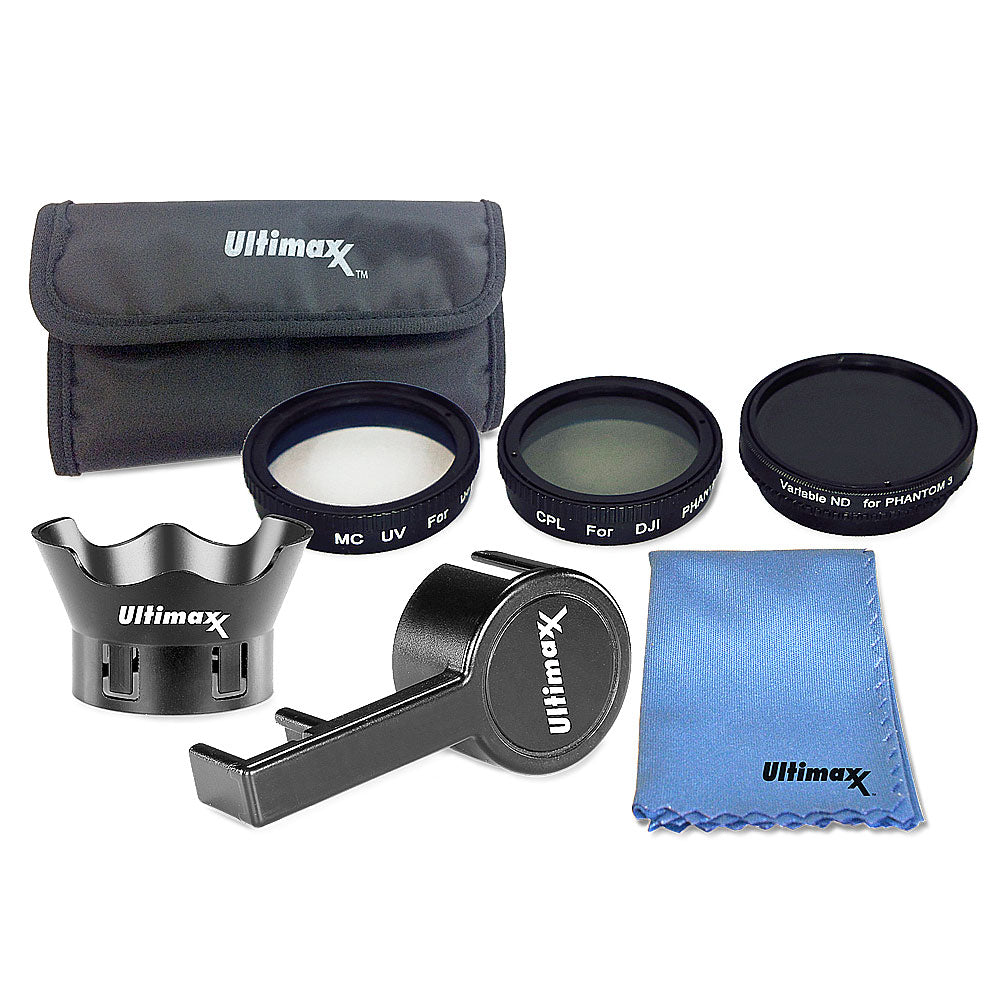 ULTIMAXX 7 Piece Filter Kit for DJI Phantom 3 Series (UV + CPL + Variable ND2 to ND400 + Lens Hood + Case + Cloth)