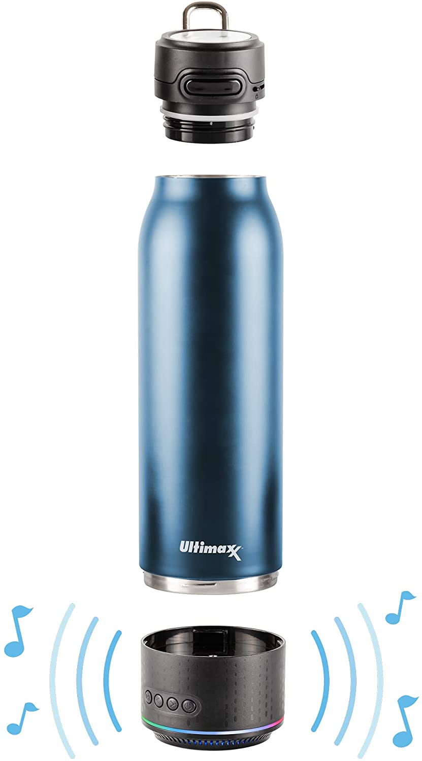 Vacuum Insulated Premium Water Bottle with Rechargeable Bluetooth Speaker - Steel Double Wall Design + Lights - NAVY BLUE