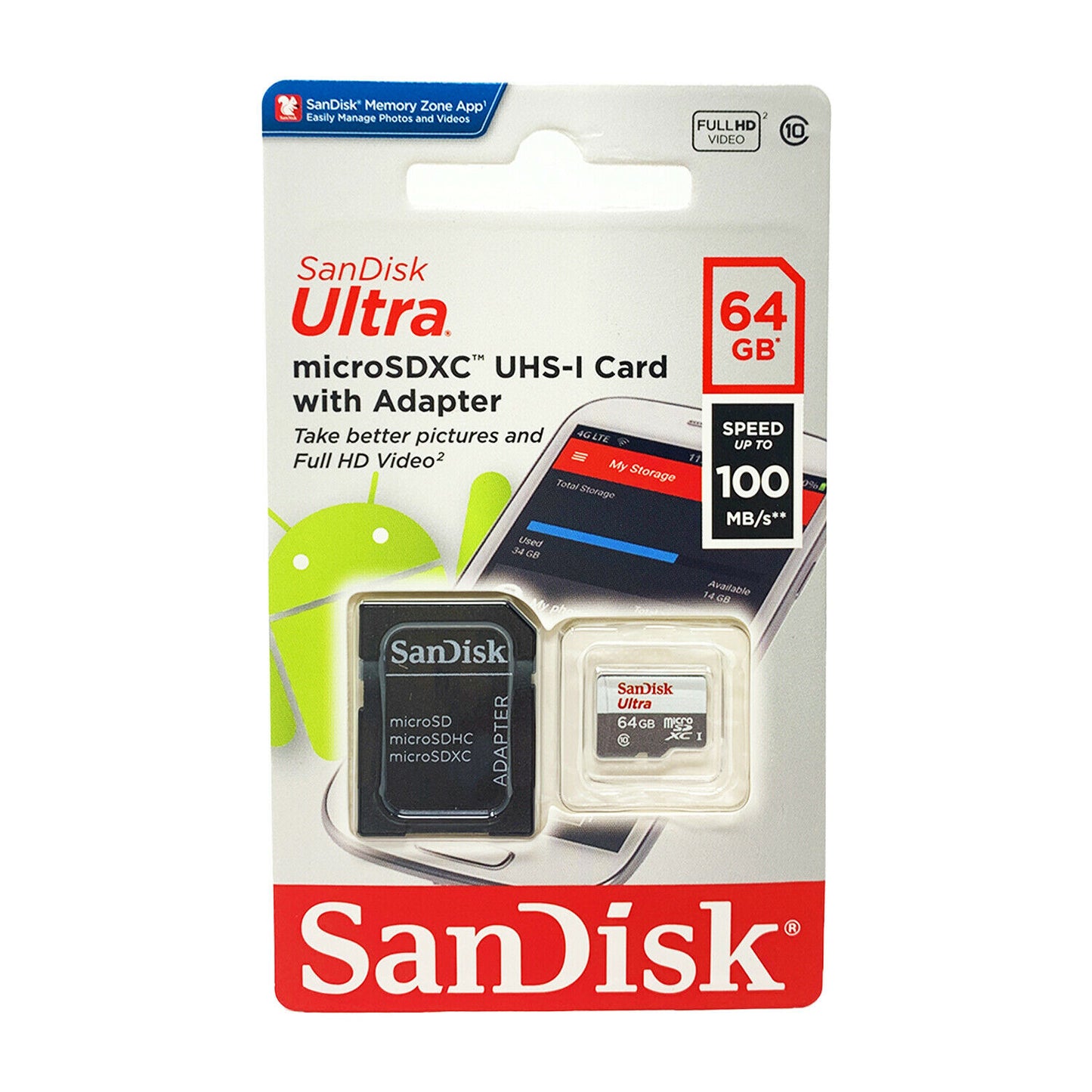SanDisk Ultra microSD 64GB (SDXC UHS-I Class 10 100 MB/s) Memory Card with SD Adapter