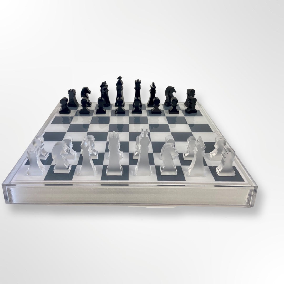 CHESS/CHECKERS - CLEAR, SIL/FROST SQ, BLK/FROST CHIPS