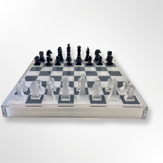 CHESS/CHECKERS - CLEAR, SIL/FROST SQ, BLK/FROST CHIPS