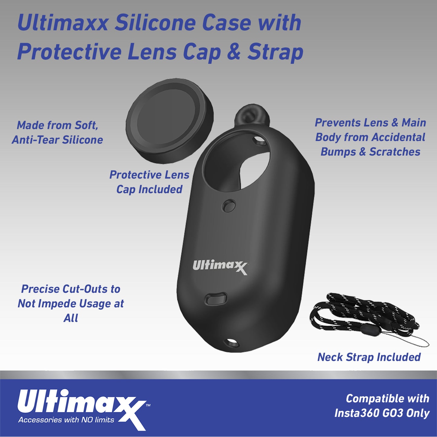 Ultimaxx Protective Silicone Cover with Lens Cap & Strap for GO3 - Black