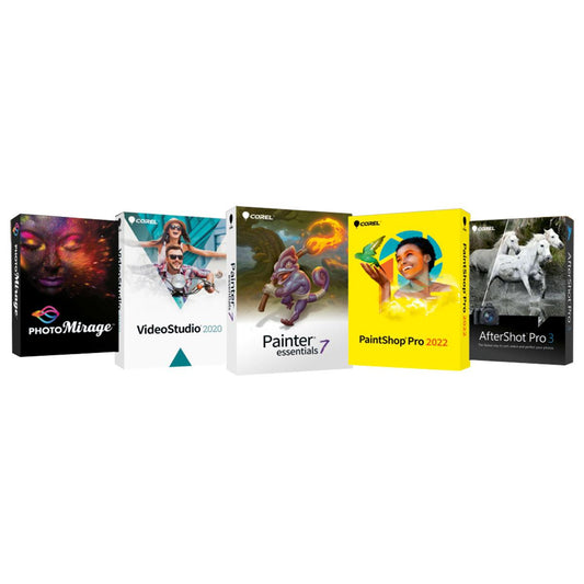 Corel Photo Video Art Suite Software Kit with PhotoMirage, VideoStudio SE 2020, Painter Essentials 7, PaintShop Pro 2022 and AfterShot Pro 3 for PC, License Key