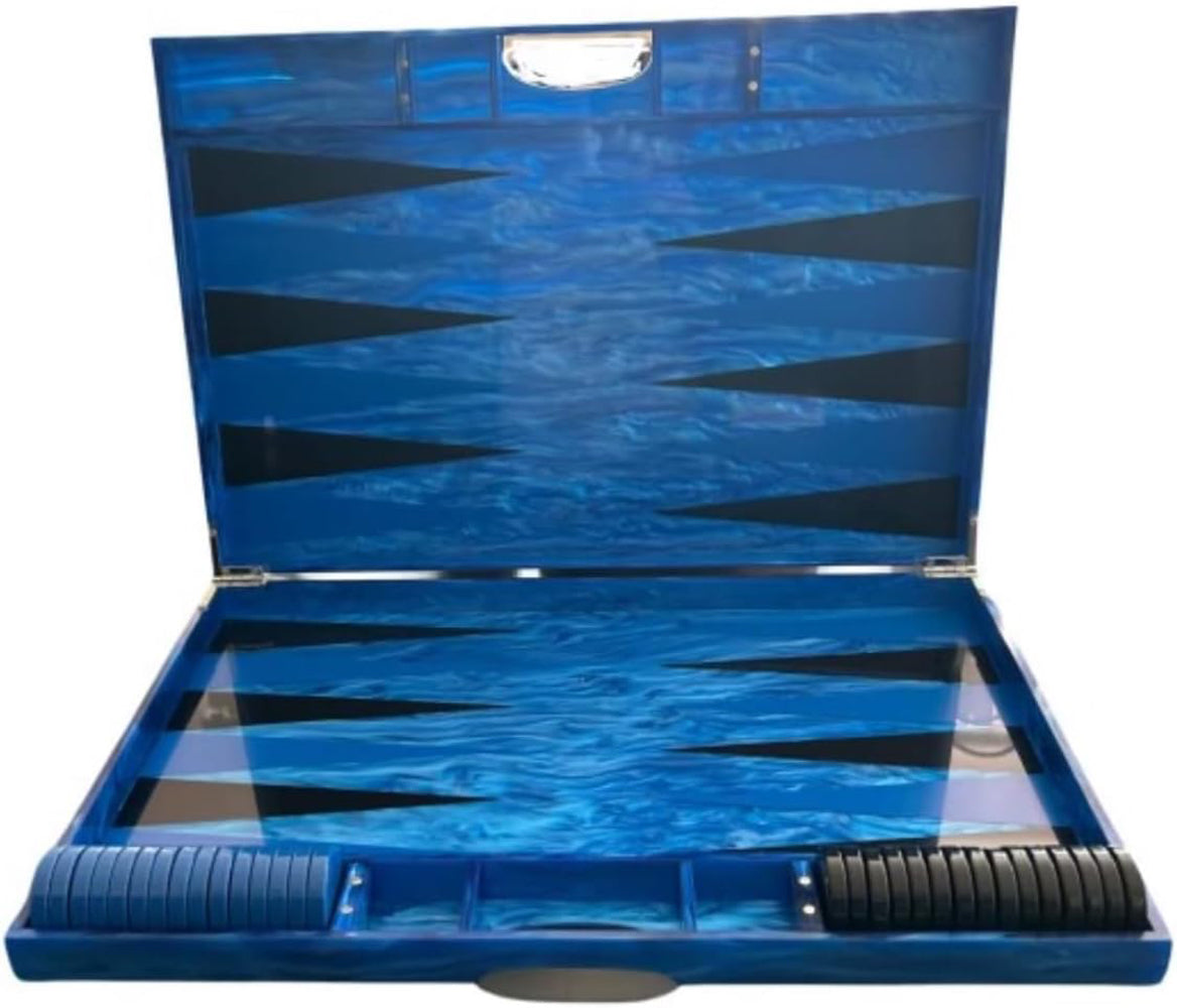 Lucite Acrylic Backgammon Set 18" Large Premium Board and Pieces (Blue Marble/Black)