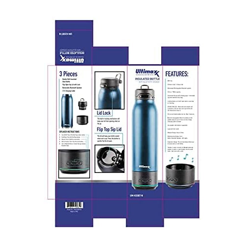 Vacuum Insulated Premium Water Bottle with Rechargeable Bluetooth Speaker - Steel Double Wall Design + Lights - NAVY BLUE