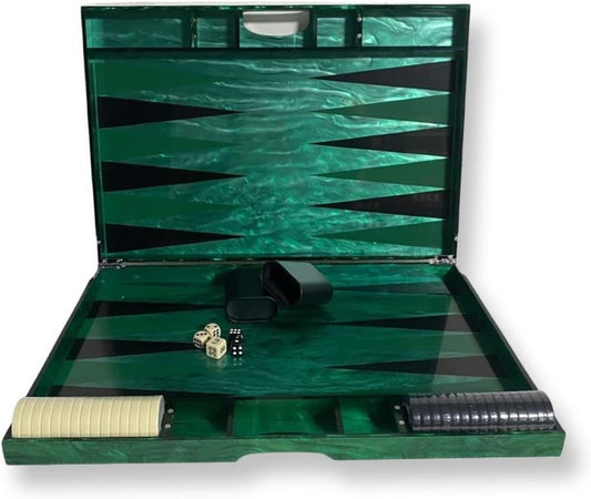 LG BACKGAMMON - MAGNETS, GRN MARB,, BLK/GRN TRI, BLK/CREAM CHIPS /  Lucite Acrylic Backgammon Set