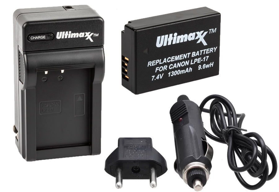 ULTIMAXX Travel Charger + Replacement Battery for Canon LPE17 - 1300 mah