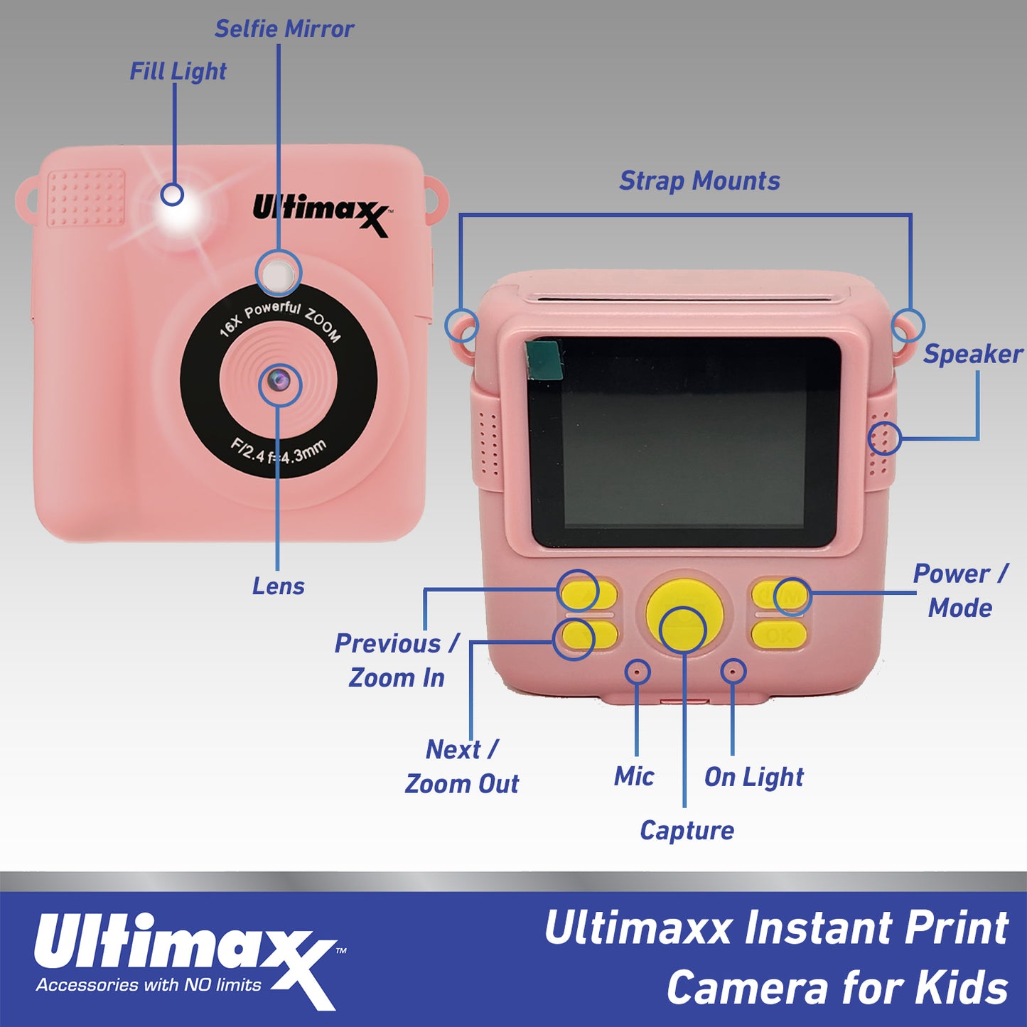 Ultimaxx Kids Digital Camera w/ 32GB Micro SD Card, 3 Rolls Paper - Pink