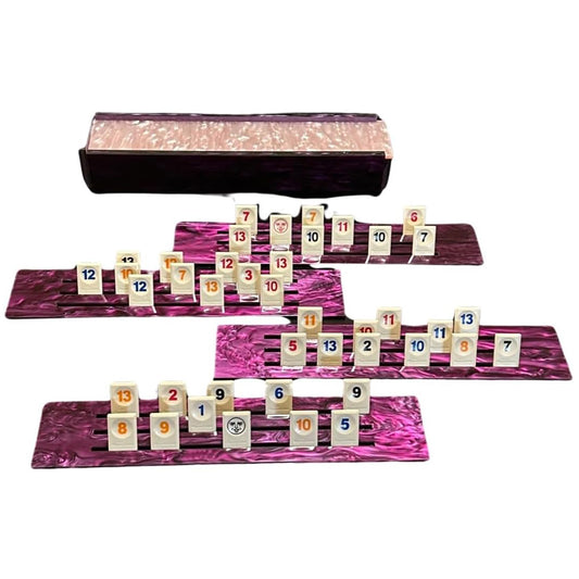 Ready Covers Lucite Rumikub Premium Set - Tiles, Holders, and Storage Acrylic Box Included (Purple Marble w Pink Marble)